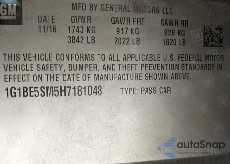 2017 Chevrolet Cruze Lt Auto from USA, damaged, VIN 1G1BE5SM5H7181048